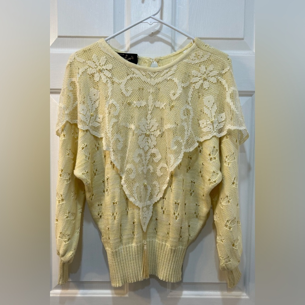 Vtg German Made Silk Linen Infused Sweater Women Sz M‎ Cottage Fairy Pearly Lace